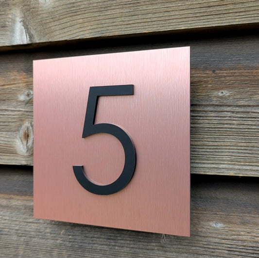 Copper House Number Plaque - matt acrylic numbers mounted onto brushed copper