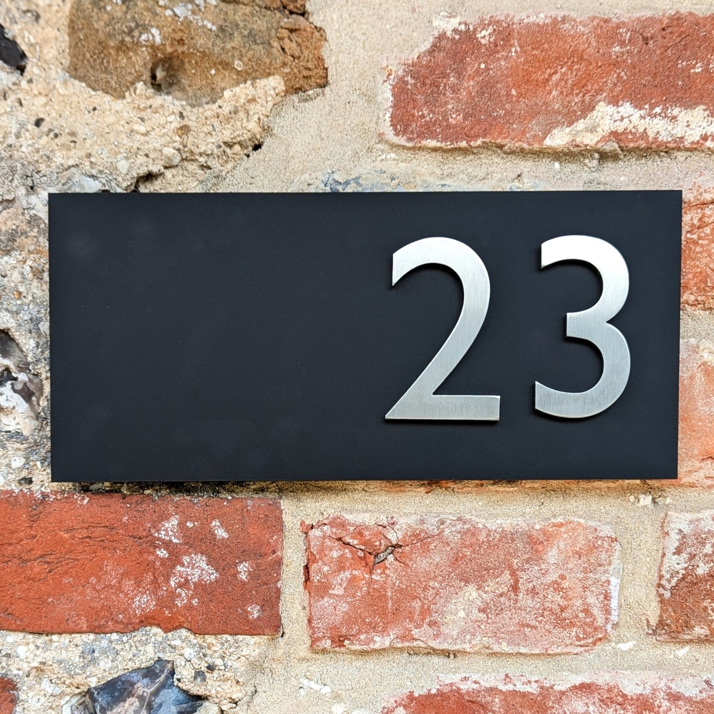 Stainless Steel House Numbers, mounted onto matt black sign, optional arrows and hyphens. small size