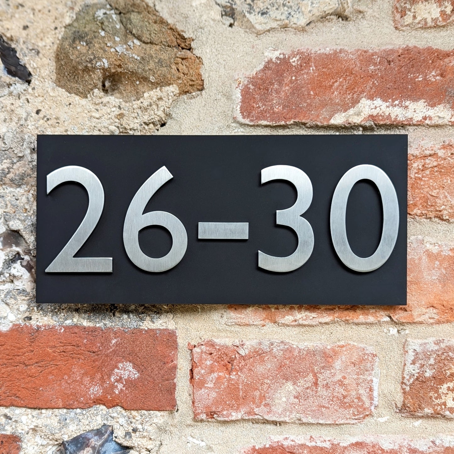 Stainless Steel House Numbers, mounted onto matt black sign, optional arrows and hyphens. small size