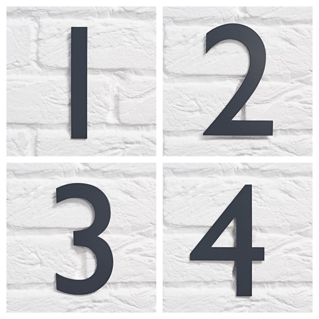 Anthracite grey house number , Anthracite grey door numbers , Anthracite grey address number , 7016 house number , Anthracite grey 7016 , Coloured house numbers , modern house numbers , Gill Sans house numbers , floating house numbers , metal house numbers , contemporary house numbers