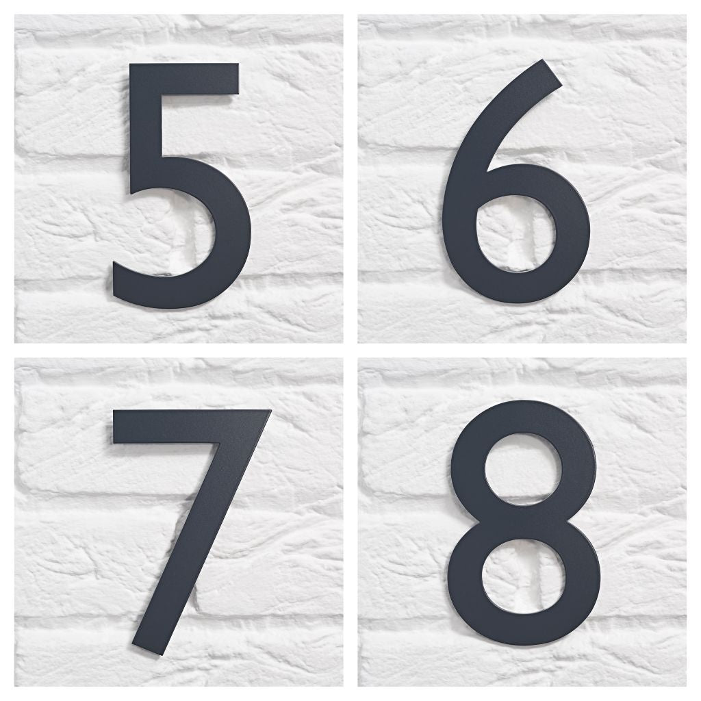 Anthracite grey house number , Anthracite grey door numbers , Anthracite grey address number , 7016 house number , Anthracite grey 7016 , Coloured house numbers , modern house numbers , Gill Sans house numbers , floating house numbers , metal house numbers , contemporary house numbers