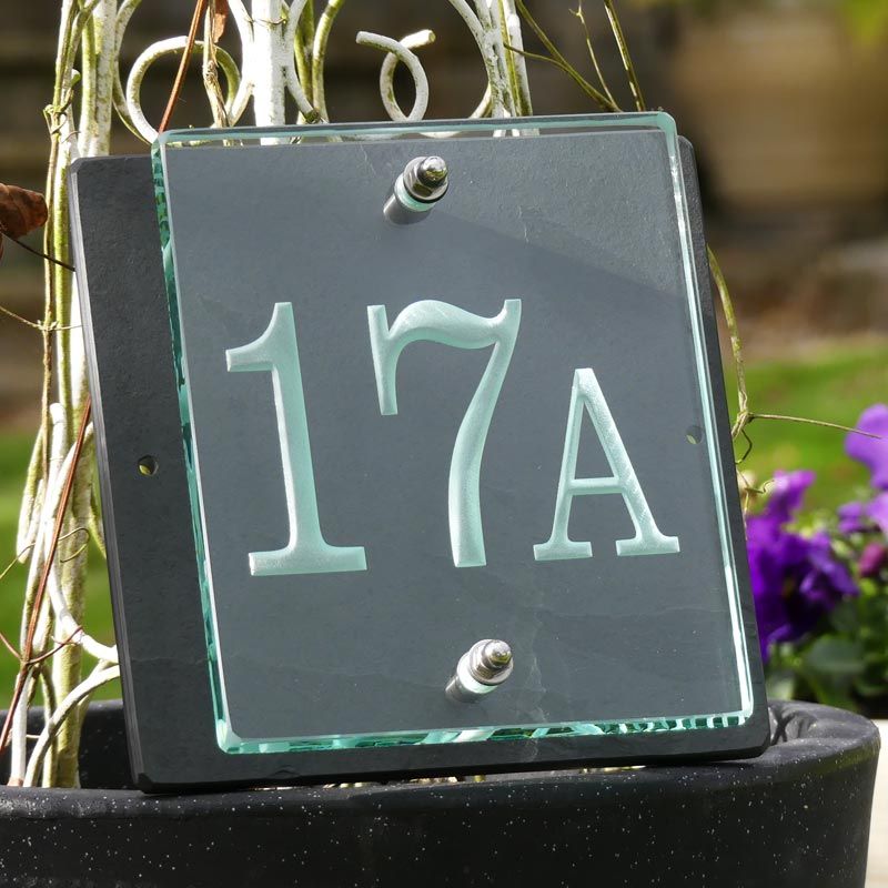 Glass house number , engraved house number, slate house number , modern house number , house number plaque , contemporary house number 