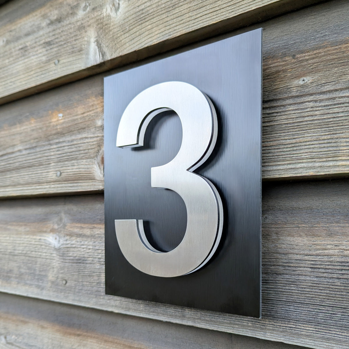 3D Stainless Steel House Numbers, 1 digit mounted onto brushed back plate - 4 colour and font choices