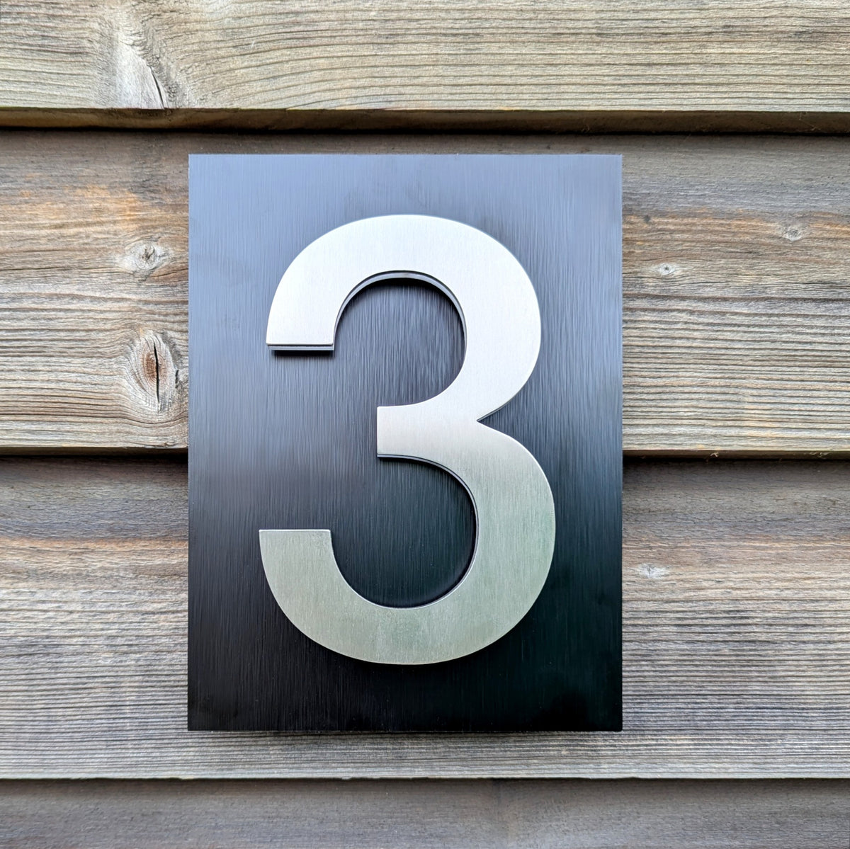 3D Stainless Steel House Numbers, 1 digit mounted onto brushed back plate - 4 colour and font choices