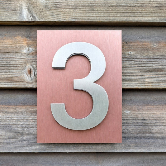 3D Stainless Steel House Numbers, 1 digit mounted onto brushed back plate - 4 colour and font choices