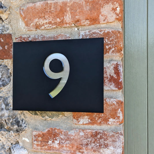 Rectangle House Number Plaque - Gill Sans Font - Black Recycled Acrylic & Stainless Steel