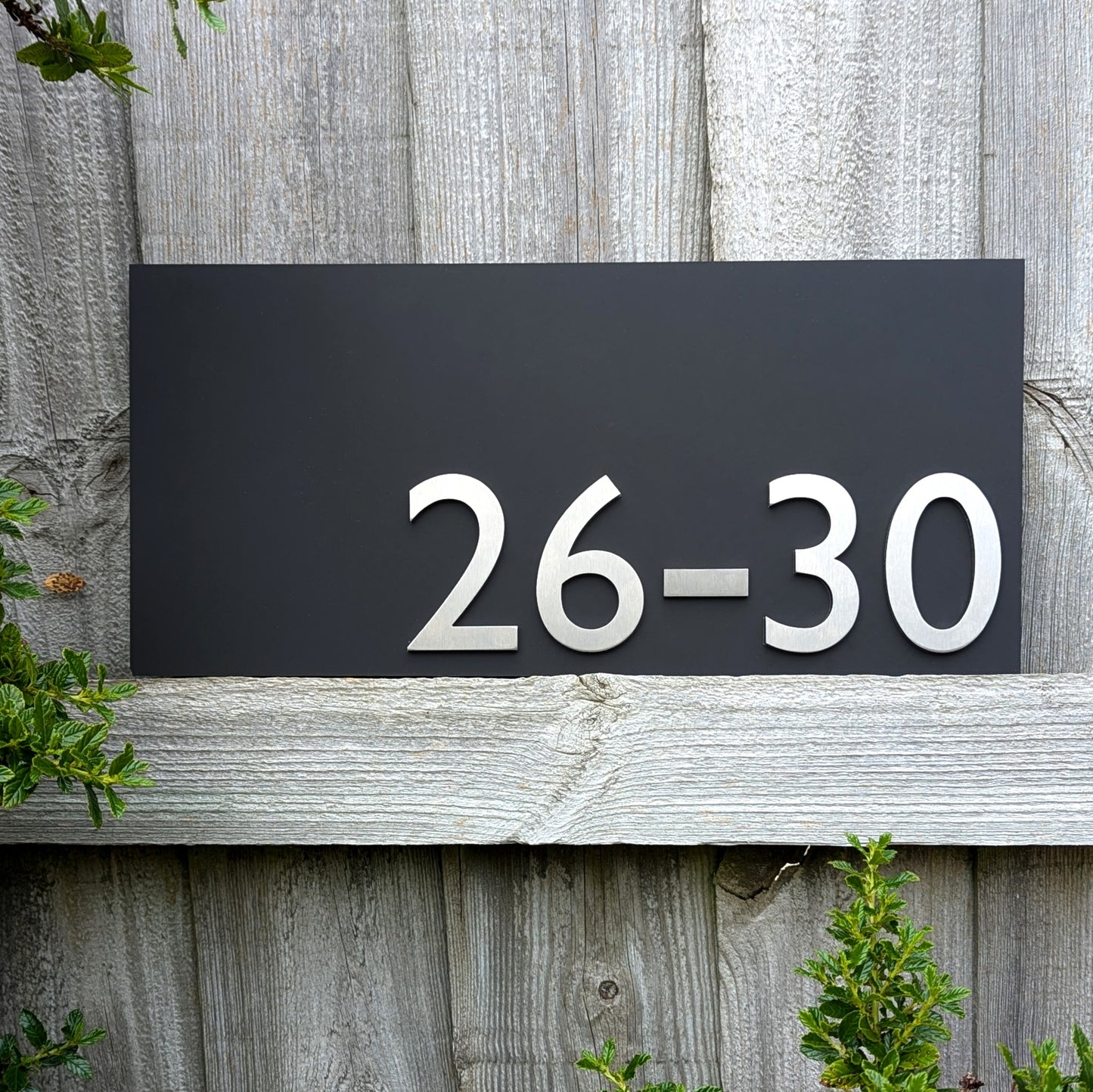 Stainless Steel House Numbers, mounted onto matt black sign, optional arrows and hyphens, large size