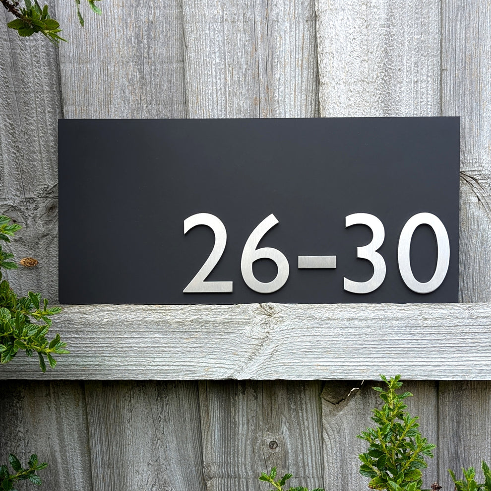 Stainless Steel House Numbers, mounted onto matt black sign, optional ...