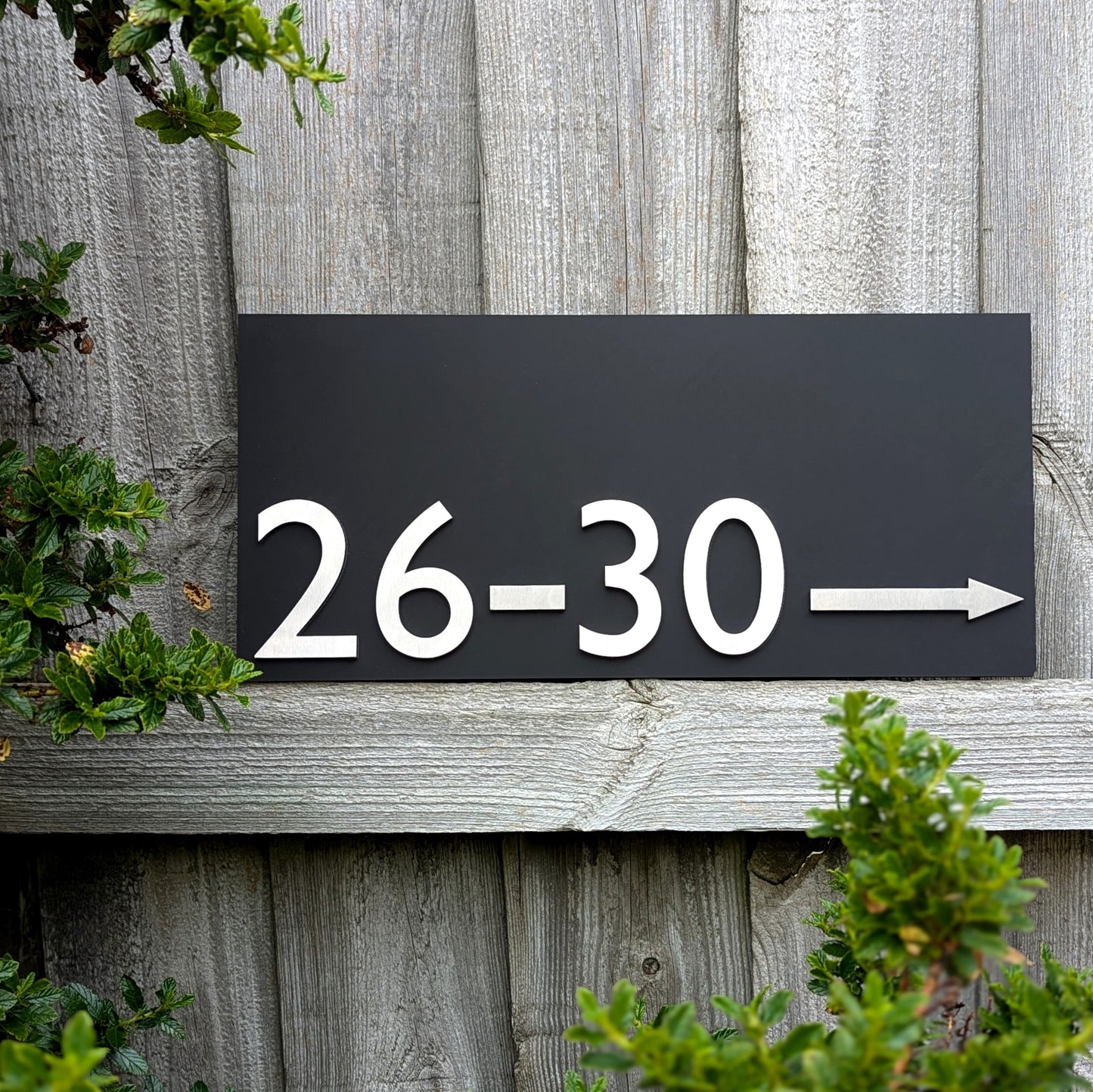 Stainless Steel House Numbers, mounted onto matt black sign, optional arrows and hyphens, large size