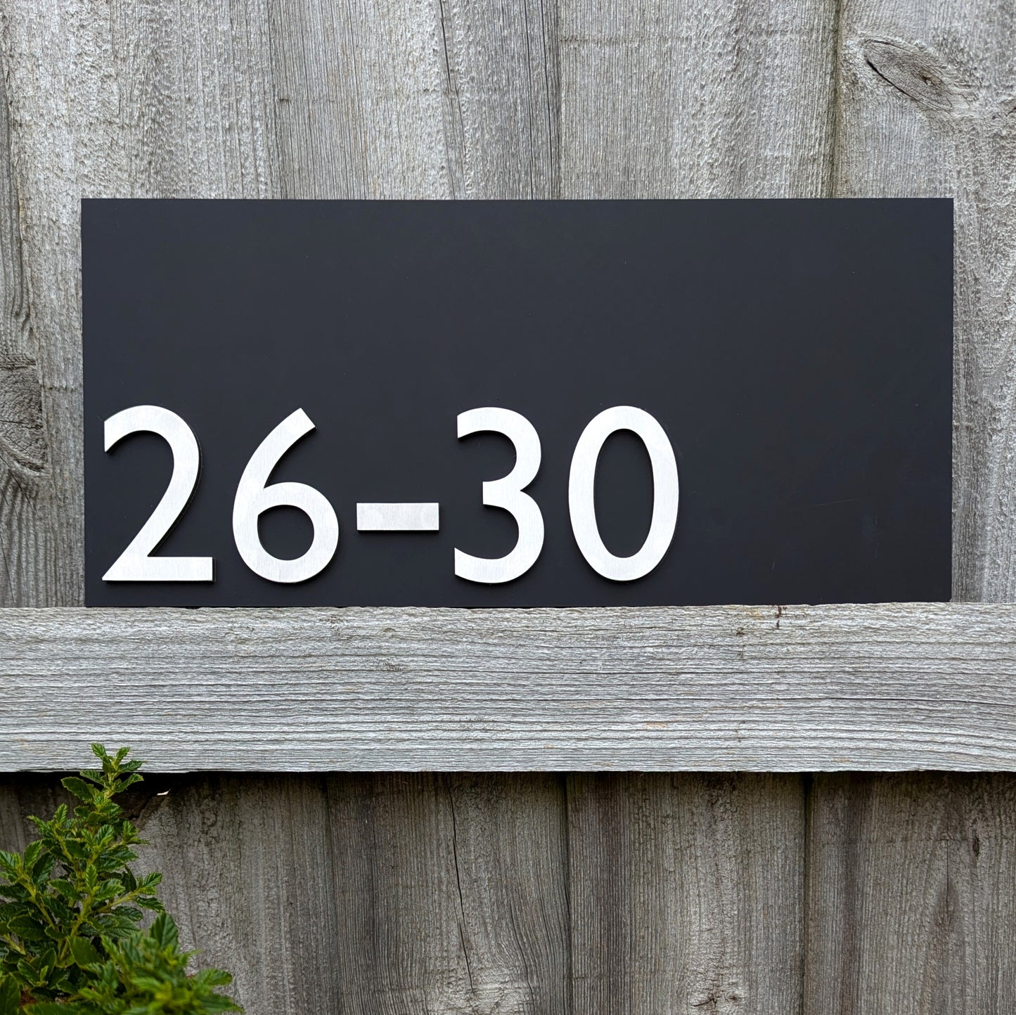 Stainless Steel House Numbers, mounted onto matt black sign, optional arrows and hyphens, large size