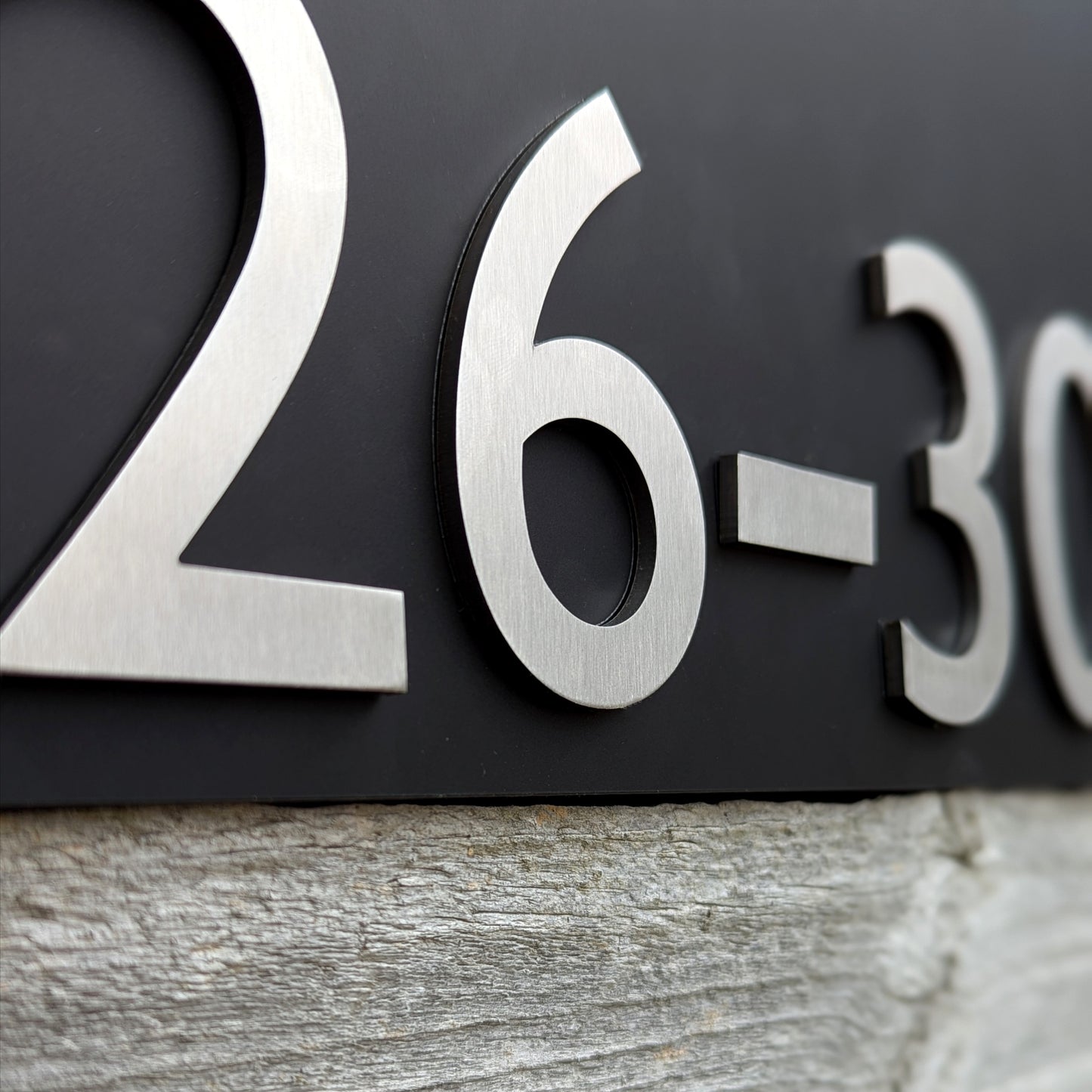 Stainless Steel House Numbers, mounted onto matt black sign, optional arrows and hyphens, large size