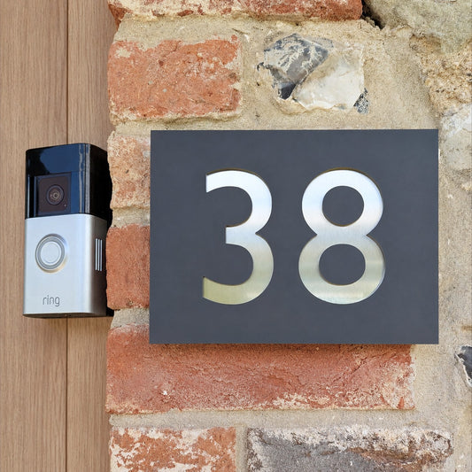 Rectangle House Number Plaque - Gill Sans Font - Grey Acrylic & Stainless Steel