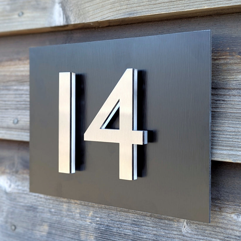 3D Stainless Steel House Numbers, mounted onto brushed black ...