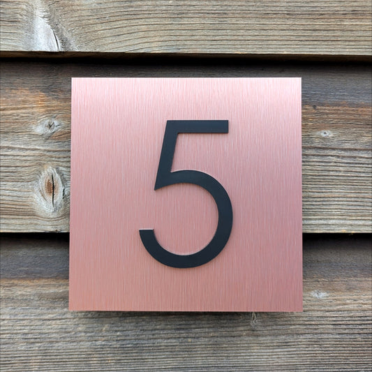 Copper House Number Plaque - matt acrylic numbers mounted onto brushed copper