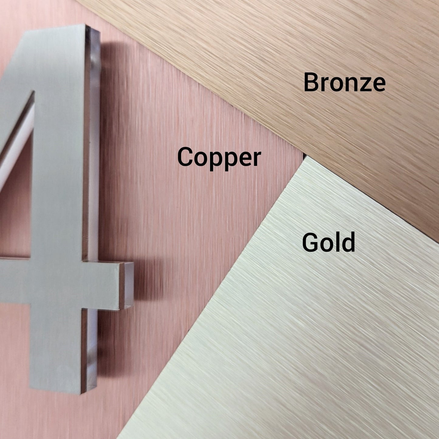 Stainless Steel 3D House Numbers, mounted onto bronze copper or gold sign