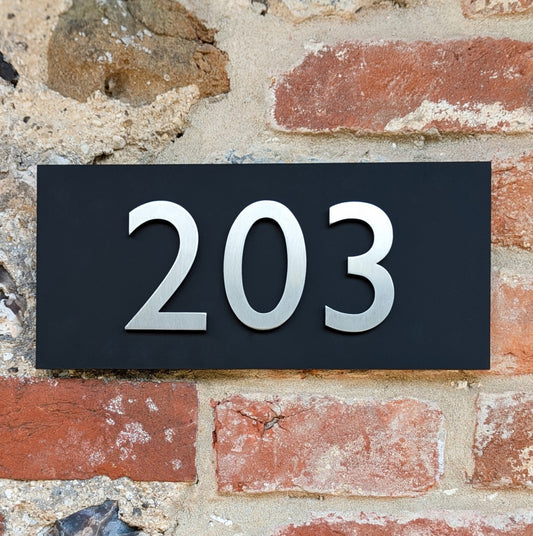 Stainless Steel House Numbers, mounted onto matt black sign, optional arrows and hyphens. small size