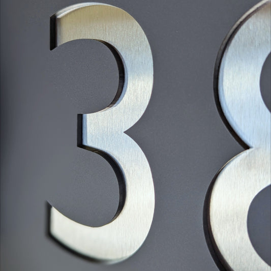 Rectangle House Number Plaque - Gill Sans Font - Grey Acrylic & Stainless Steel