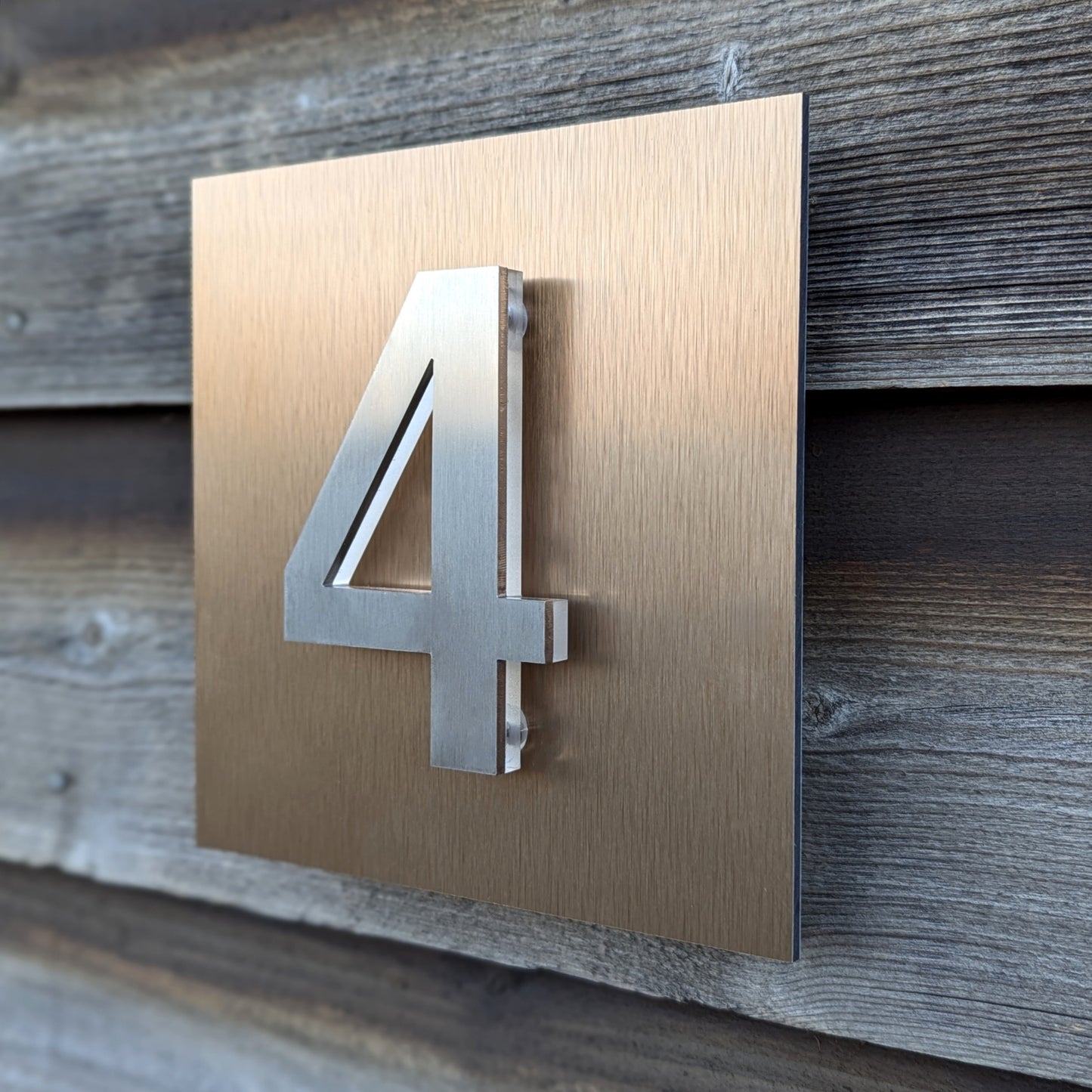 Stainless Steel 3D House Numbers, mounted onto bronze copper or gold sign