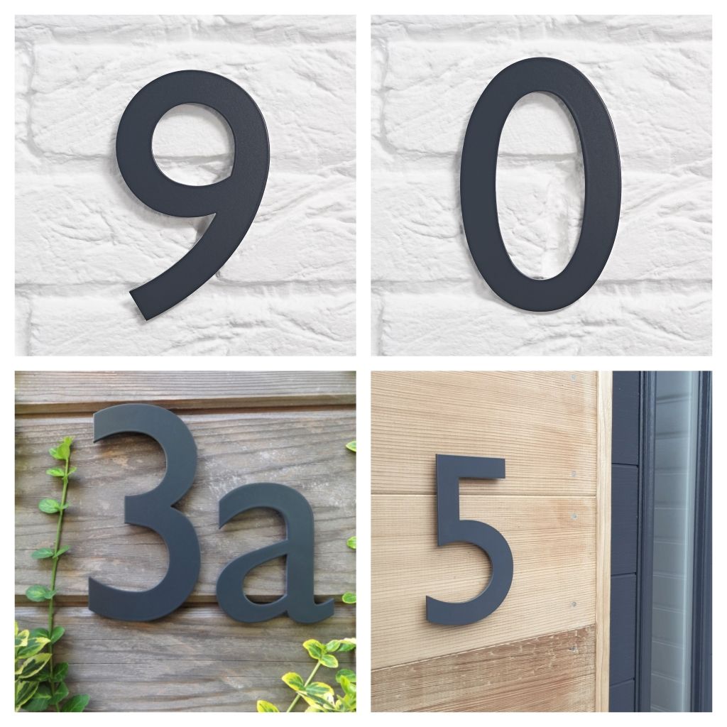 Anthracite grey house number , Anthracite grey door numbers , Anthracite grey address number , 7016 house number , Anthracite grey 7016 , Coloured house numbers , modern house numbers , Gill Sans house numbers , floating house numbers , metal house numbers , contemporary house numbers