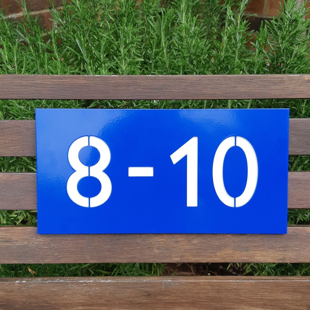 Blue house numbers , powder coated house numbers , custom colour house numbers , Blue and white house numbers , contemporary house numbers , modern house numbers , UK made house numbers  