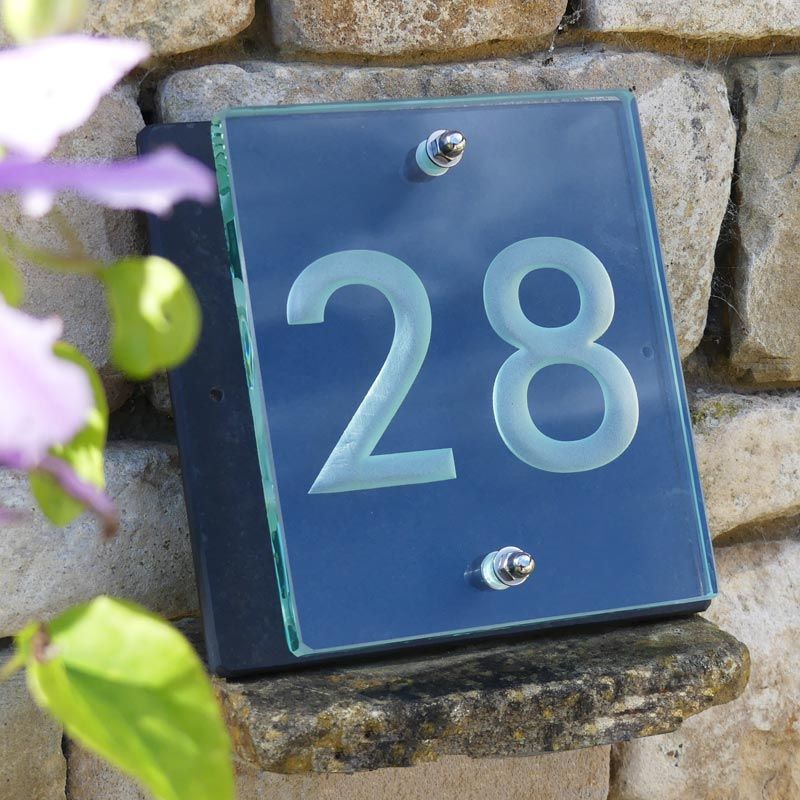 Glass house number , engraved house number, slate house number , modern house number , house number plaque , contemporary house number