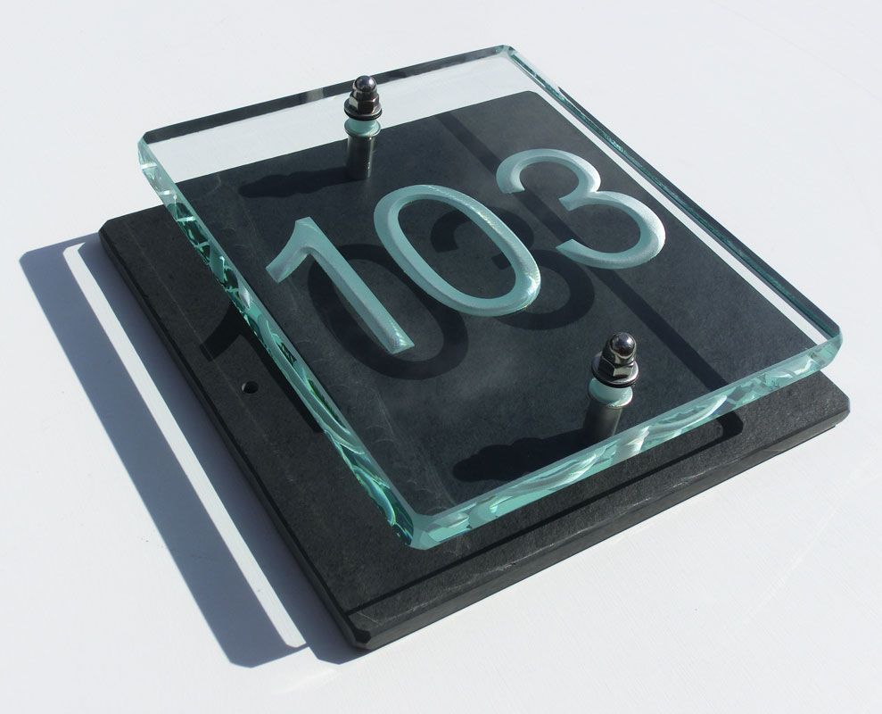 Glass house number , engraved house number, slate house number , modern house number , house number plaque , contemporary house number 