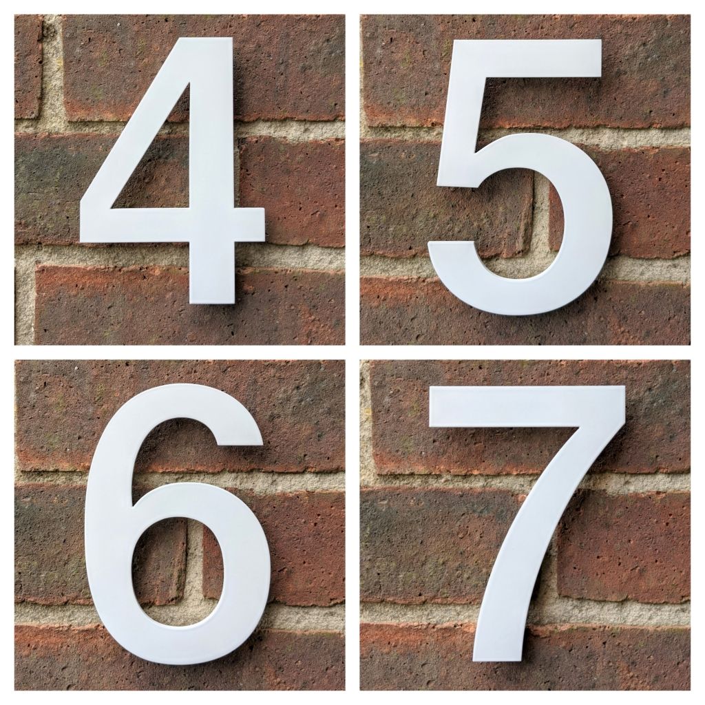 White house number , stainless steel house number , powder coated house number , hand finished house number , Helvetica , floating house number