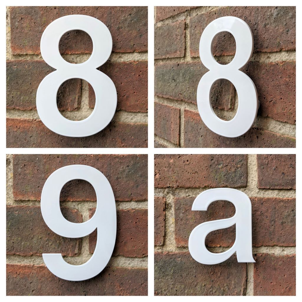 White house number , stainless steel house number , powder coated house number , hand finished house number , Helvetica , floating house number